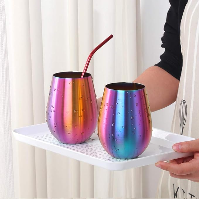 Buyer Star 304 Stainless Steel Wine Glasses Set of 2 - Large 17 oz Outdoor Stemless Wine Tumblers - 100% Unbreakable & Stemless Metal Drinking Cups for Home and Outdoors (Silver&Rainbow)