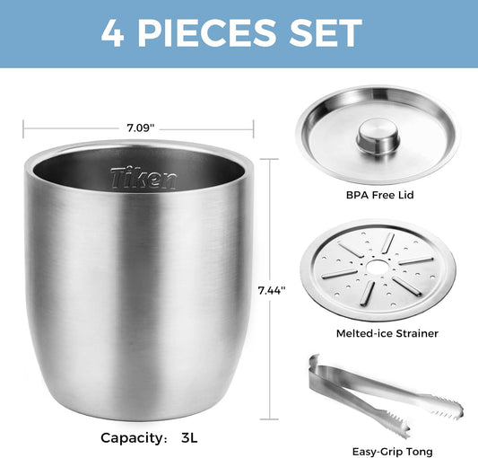Tiken 3L Double-Wall Vacuum Insulated Ice Bucket with Lid & Tong Stainless Steel Champagne Buckets for Cocktail Bar, Parties & Outdoor