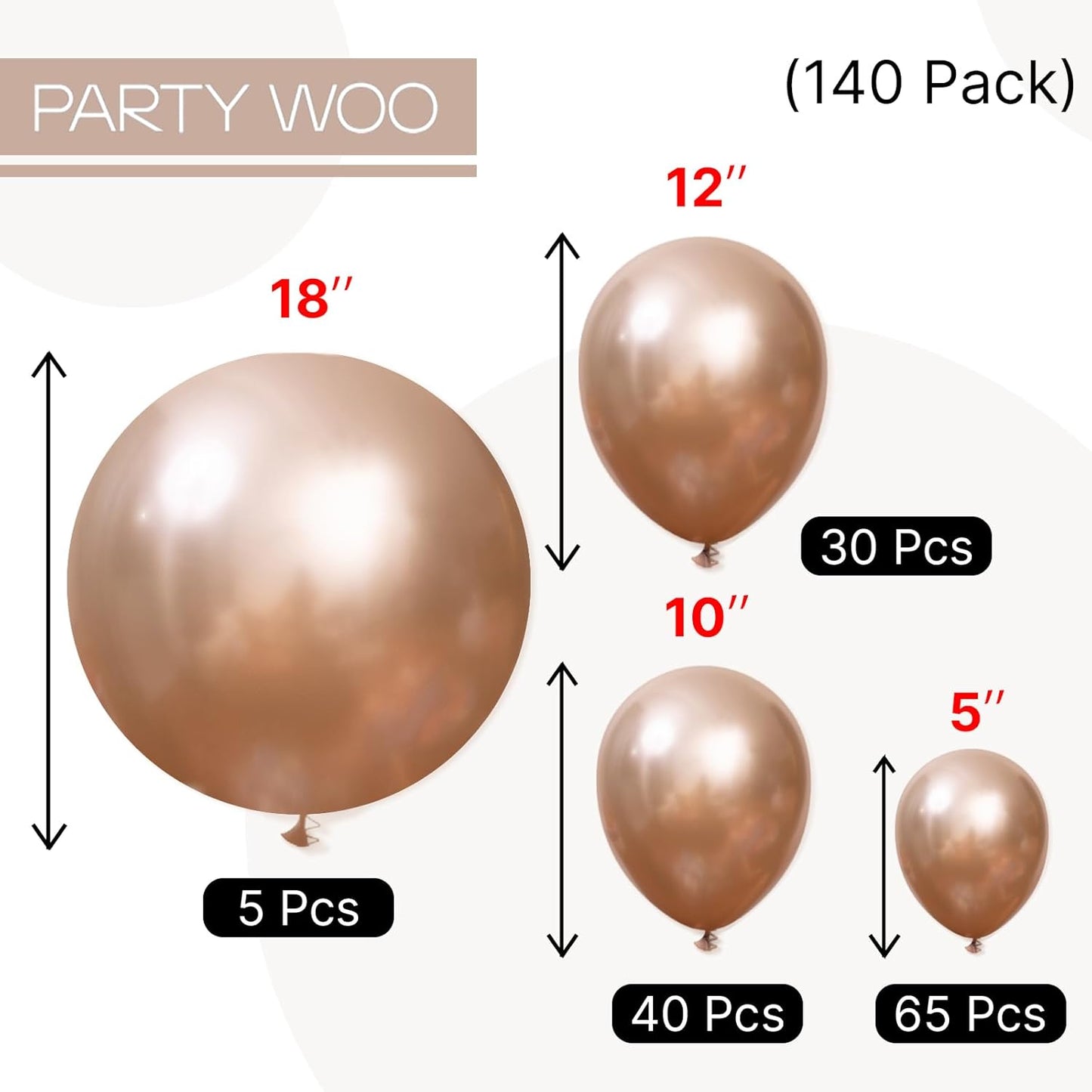 PartyWoo Metallic Rose Gold Balloons 140pcs Different Sizes of 18 12 10 5 Inch Chrome Champagne Gold Balloon Arch Kit for Birthday Anniversary Bridgerton Floral Party Decorations Rose Gold-G112