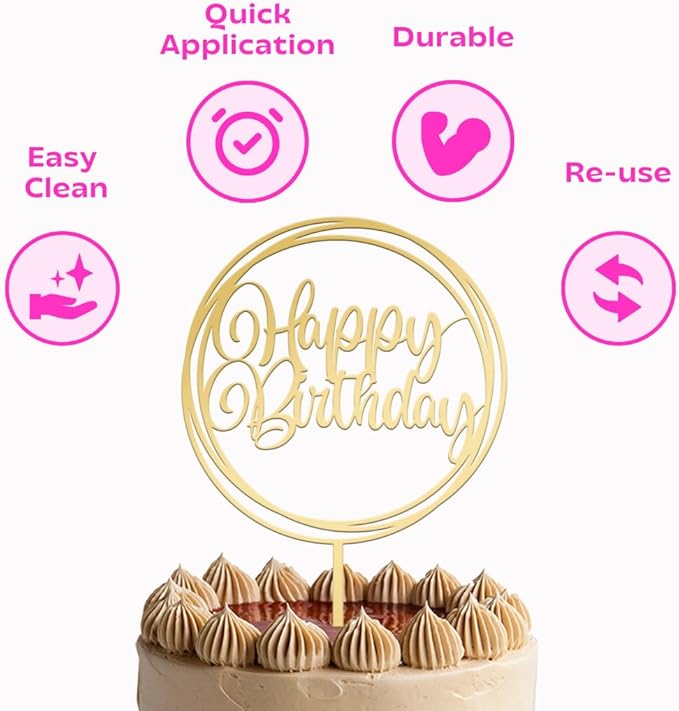 JUSTCAKETOPPERS Happy Birthday Gold Multi-Circle Acrylic Cake Topper, Elegant Birthday Cake Decoration for Party & Celebration