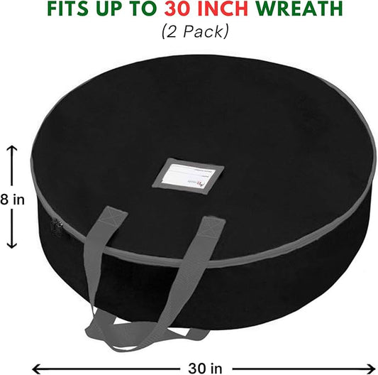 Primode Christmas Wreath Storage Bag 30" - 2 Pack Artificial Wreath Container - Garland Holiday Xmas Wreaths Holder - Sturdy Handles - Card Slot Zipper Strong 420D Oxford (30 Inch, Black)