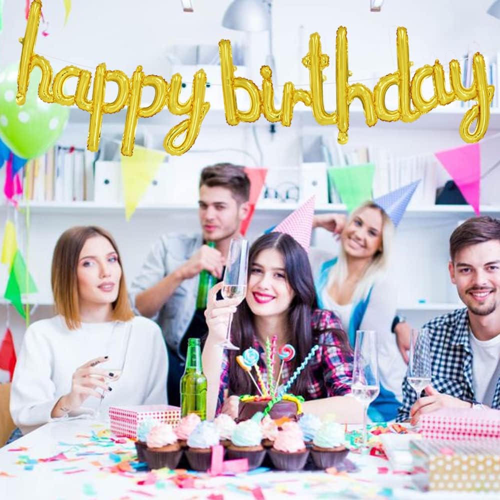 TONIFUL Gold Happy Birthday Balloons Banner, 16 Inch Mylar Foil Script/Cursive Letters Birthday Sign Banner Balloon Reusable Material for Girls Boys Kids & Adults Birthday Decorations