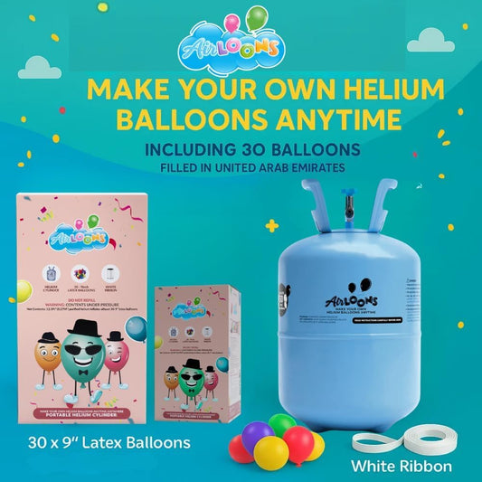 Airloons Helium Balloon Kit with 2 Pack 7.5 Cu Ft Tank - Includes 60 Multicolor 9 in Latex Balloons, Ribbon & Easy to Fill Nozzle - Easy Setup for Birthdays, Weddings, Baby Showers, DIY Party Décor