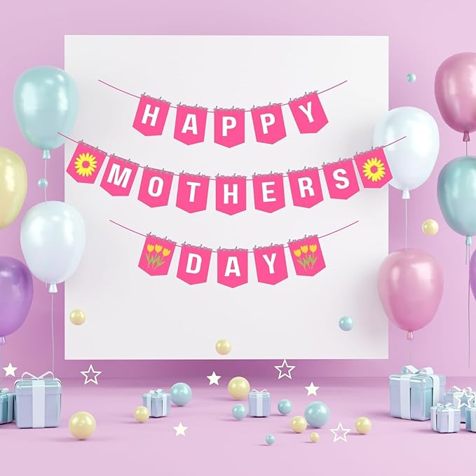Happy Mother's Day Banner Set Decoration for Mother's Day Party Decorations Backdrop Garland for Mom Mother's Day Glitter Garland Photo Props (Pink Yellow Sunflower)
