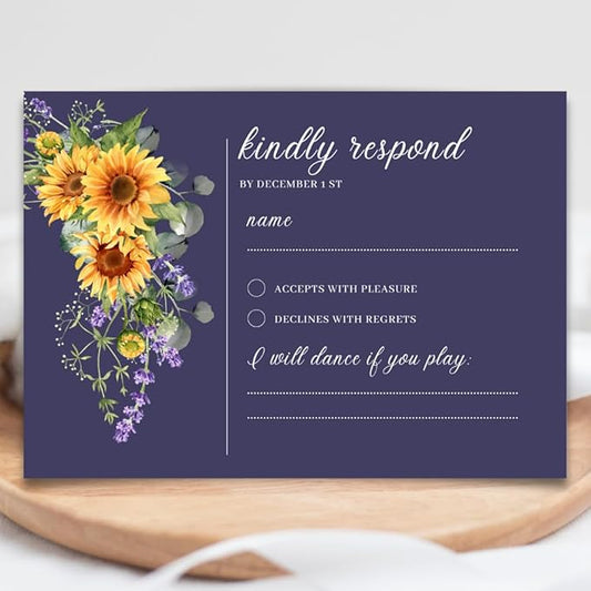 Preprinted Purple and Yellow Sunflower Wedding or Party RSVP Cards, Personalized Response Card Glossy Finish With White Envelopes, Set of 15 with Envelope, 5x3.5 inch Cards (Navy Blue)
