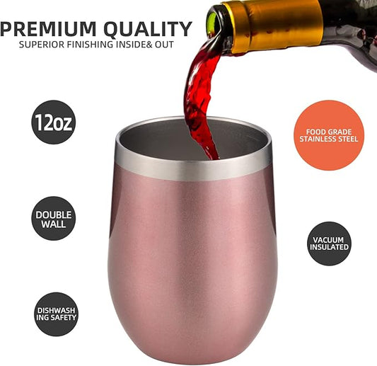 12 oz Insulated Wine Tumbler with Lid and Straw,Stainless Steel Stemless Wine Tumbler Glasses Double Wall Vacuum Wine Cups Bulk for Coffee,Champaign,Cocktail,Office(Rose Gold,4)