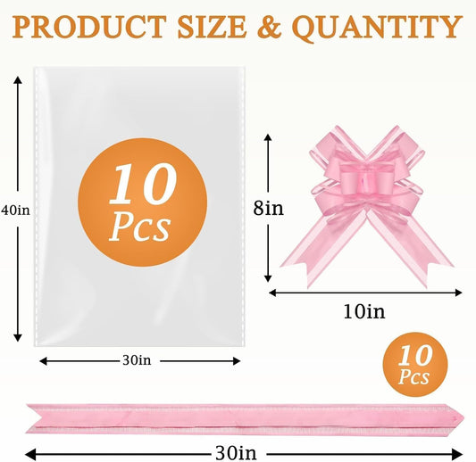 PigPotParty 30"x40" Clear Cellophane Gift Bags - Includes Bows – 10 Pack Large Cellophane Wrap for Gift Baskets, Plastic Gifts Bags for Gift Giving