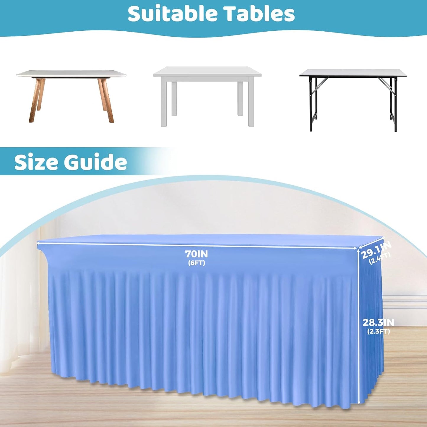 Table Skirts for 6ft Rectangle Tables - 1PCS Light Blue Table Covers for 6 Foot Tables, Wrinkle Resistant Ruffles Elastic Table Cloths and Table Skirt for Banquets/Weddings/Parties/Birthday