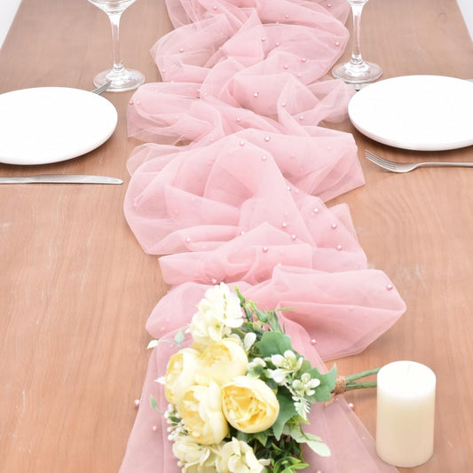 Dusty Rose Pearl Fall Thanksgiving Table Runner Boho Rustic Tulle Lace Table Runner for Baby Shower Wedding Arch Decor Veil Dessert Table Decor 3pcs