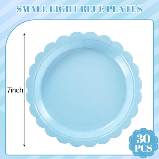 30 Pcs Dessert Plates Disposable, 7 Inch Light Blue Cake Plates Scalloped Small Appetizer Birthday Plate Cute Baby Blue Paper Plate for Boy Baby Shower, Birthday, Wedding