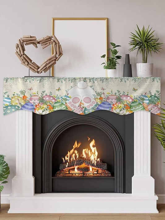 Cute Easter Bunny Fireplace Mantel Scarf Table Runner, Eucalyptus Leaves Colorful Eggs Beige Winter Garland Mantel Top Tablerunners Dresser Scarves Cover for Windows Party Living Room 70''x17''