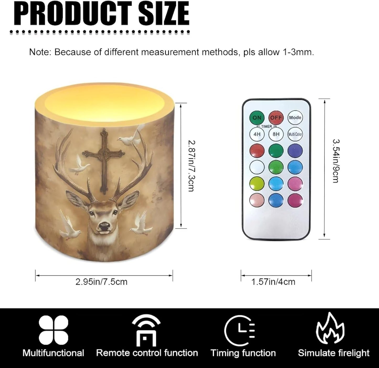 Poceacles Flameless LED Candles 4 Pack with Remote Control, Battery-Powered, Flickering Effect, with 12 Color Changing, Realistic LED Pillar Candles for Home Decor, Deer Cross Dove of Peace Retro