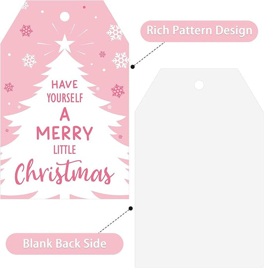 Anwyll Christmas Gift Tags with String - 50Pcs Pink Merry Christmas Name Tags for Gift Xmas to from Tag Have A Merry Little Christmas Tree Label Tag for Present Wrap Goodie Bags Holiday Party Favors
