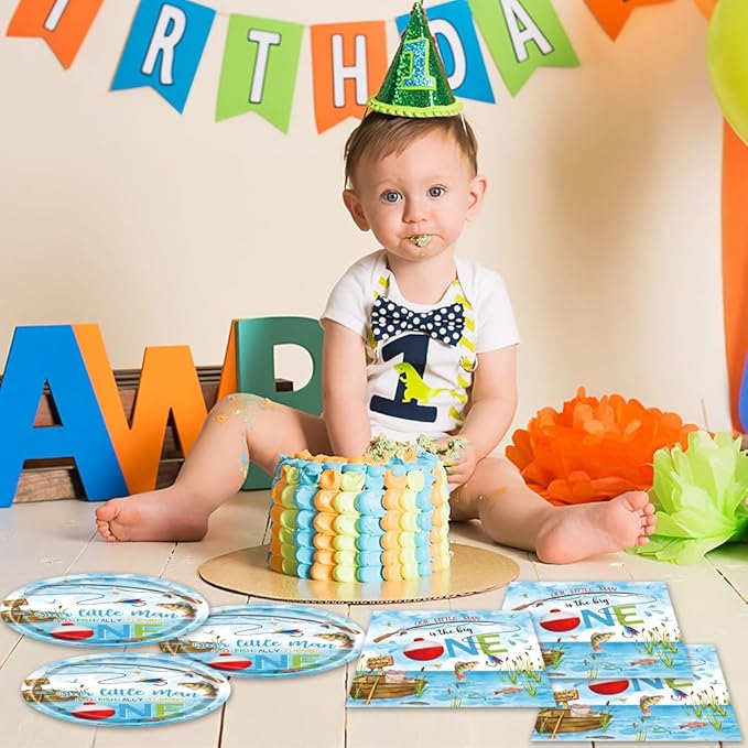 40pcs Fishing 1st Birthday Party Supplies Boys Fishing Birthday Party Decorations Plates and Napkins Gone Fishing Themed Party Tableware Set for Baby Shower