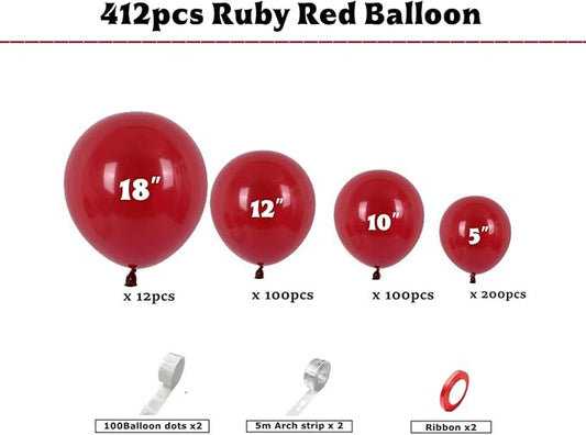 412pcs Ruby Red Balloon Arch Kit,18 12 10 5 Inch Different Sizes Matte Latex Balloons for Valentine's Day Graduation Wedding Christmas Birthday Party Decorations