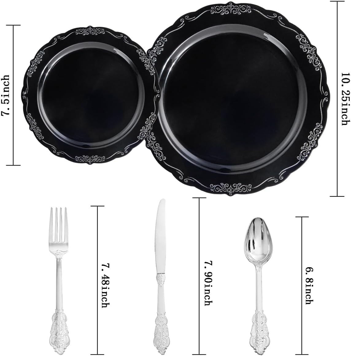 DaYammi 150 Pcs Black Silver Plastic Plates & Silver Plastic Silverware,Black silver Disposable plates for Include 30 Dinner Plate,30 Dessert Plate,30 Knives,30 Forks,30 Spoons for New Year Party