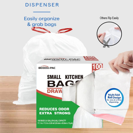 Trash Bags 2.6 Gallon Drawstring, 100 Count, Multifold Roll Garbage Bags, Small Kitchen Trash Bags, Odorless & Extra Thick White Plastic Food Scrap Bag for Home Office Bathroom Kitchen Bins