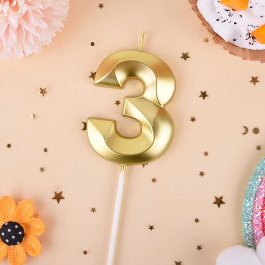 PHD CAKE 2.76 Inch Diamond Gold 3 Number Birthday Candles, Gold Number Candles, Cake Number Candles, Party Celebration