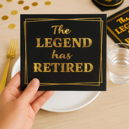 50‑Pack ‘The Legend Has Retired’ Black & Gold Napkins – 2‑Ply Cocktail, Lunch & Dinner Party Napkins – Elegant, Disposable Retirement Party Decoration – 6.5″ x 6.5″ Folded (Large, 50, Pack)