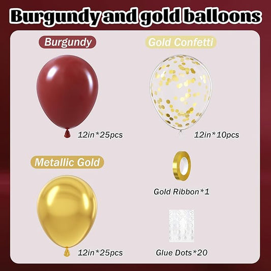 60pcs Burgundy and Gold Balloons 12inch, Maroon and Gold Balloons with Metallic Gold Confetti Balloons for Graduation Birthday Bridal Shower Party Decorations
