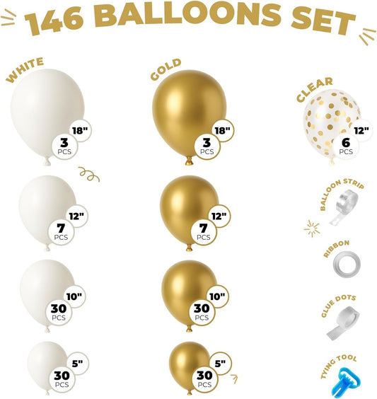 Balloon Garland Arch Kit – 146 Pcs White, Metallic Gold & Confetti Balloons for Baby Shower, Birthday, Gender Reveal, Wedding Party – DIY Kit by Vellax™