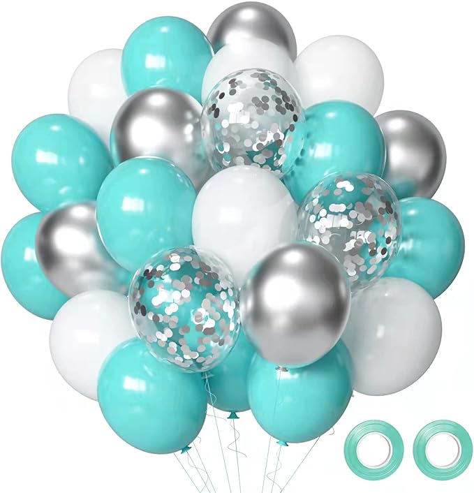 Teal Blue Silver White Balloons, 50Pcs Teal and Silver Balloons Turquoise Blue White Silver Confetti Latex Balloons for Wedding Bridal Shower Birthday Graduation Party Decorations