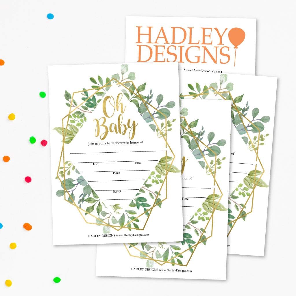 Hadley Designs 25 Geometric Greenery Invitations, Sprinkle Invite for Baby, Coed Garden Gender Reveal Neutral Theme, Cute Boho Fill or Write In Blank Printable Card, Floral Party DIY Supplies