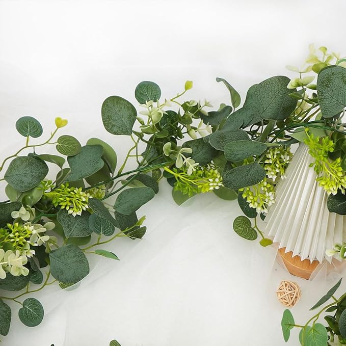 2 Pcs 5.9 Ft Artificial Eucalyptus Flowers Garland, Eucalyptus Leaves Decor for Home Decoration Artificial Vine for Mantle Office Party Wedding Arch Decor (2)