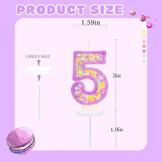 Birthday Candles - Number 5 Candle, Colorful Macaron Candles for Boys/Girls, Purple Birthday Decorations, Purple Cake Decorations