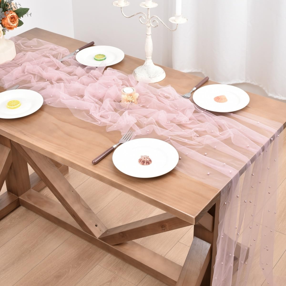 Blushing Pink Pearl Fall Thanksgiving Table Runner Boho Rustic Tulle Lace Table Runner for Baby Shower Wedding Arch Decor Veil Dessert Table Decor 6pcs
