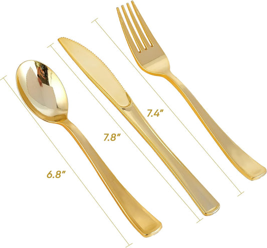 FOCUSLINE 300 Count Gold Plastic Silverware Set - 100 Forks, 100 Knives, 100 Spoons - Heavy Duty Plastic Cutlery Set Disposable Flatware for Catering, Parties, Dinners, Weddings