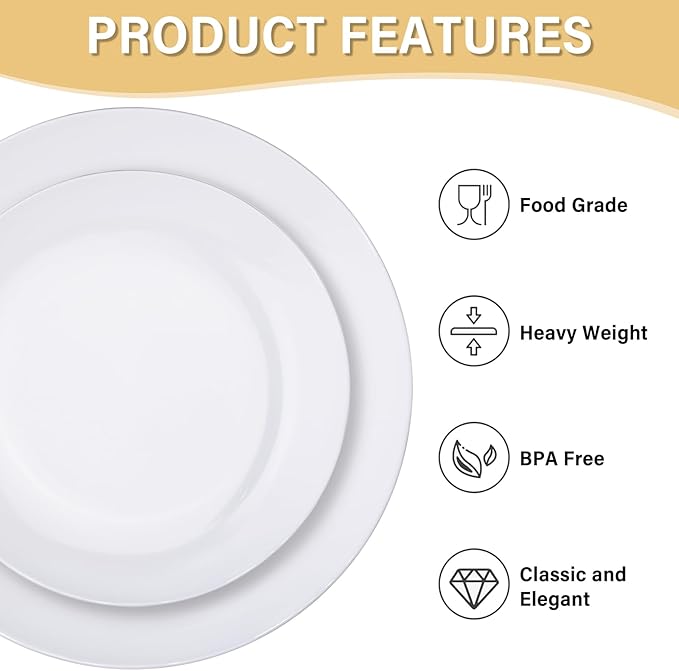 Nervure 100Pcs White Plastic Plates - 10.25inch Disposable White Dinner Plates - Heavy Duty Plastic Plate Ideal for Wedding & Party (Pack of 2)