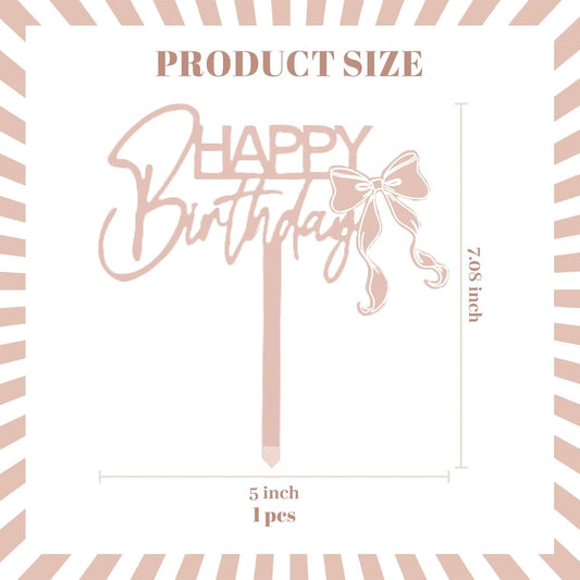 ZHENGYE Rose Gold Bow Happy Birthday Cake Topper Bow Themed Decoration Sign For Birthday Party Decorations Supplies