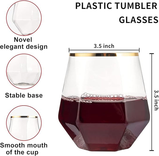LUODA MirthMood 32 Pack Gold Plastic Stemless Wine Glasses, 12 Oz Disposable Diamond Shaped Wine Glasses, Clear Plastic Whiskey Glasses with Gold Rim for Spring Wedding,Birthday Party