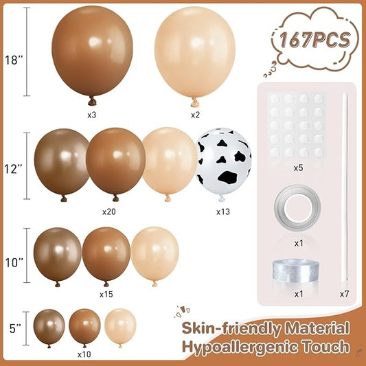 Western Cowboy Balloon Arch Kit, 167Pcs Dark Brown Cocoa Chocolate Nude Cow Print Balloons Garland for Boy First Rodeo Baby Shower Country Farm Birthday Party Decorations