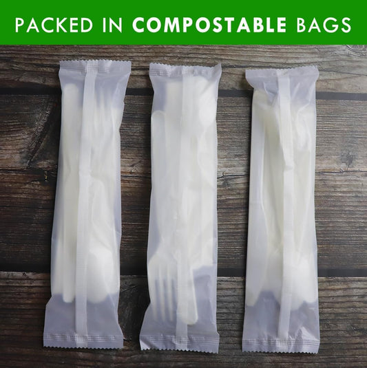 GreenWorks 7" Heavy-duty Compostable Cutlery Kits, BPI Certified, 200 Sets (Fork, Spoon,Knife,Napkin 4 in 1) Individually Wrapped With Compostable Bags,Alternative to Plastic Disposable Utensils