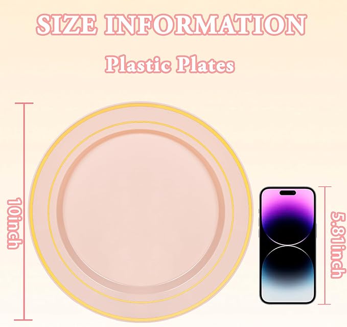 100PCS Pink Plastic Plates, 10 Inch Disposable Dinner Plate Party with Gold Rim, Heavy Duty Disposable Plastic Plates for Party, Wedding & Birthday & Valentine's Day