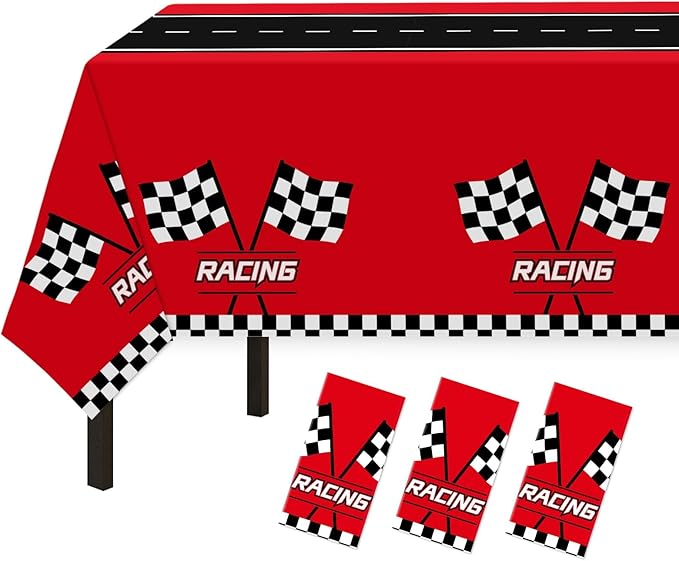 Childom 3Pcs Racing Car Plastic Tablecloth, Race Birthday Party Decorations, 54'' x 108'' Checkered Table Cloth Decor, Favors Rectangular Tablecloth for Boys Baby Shower Home