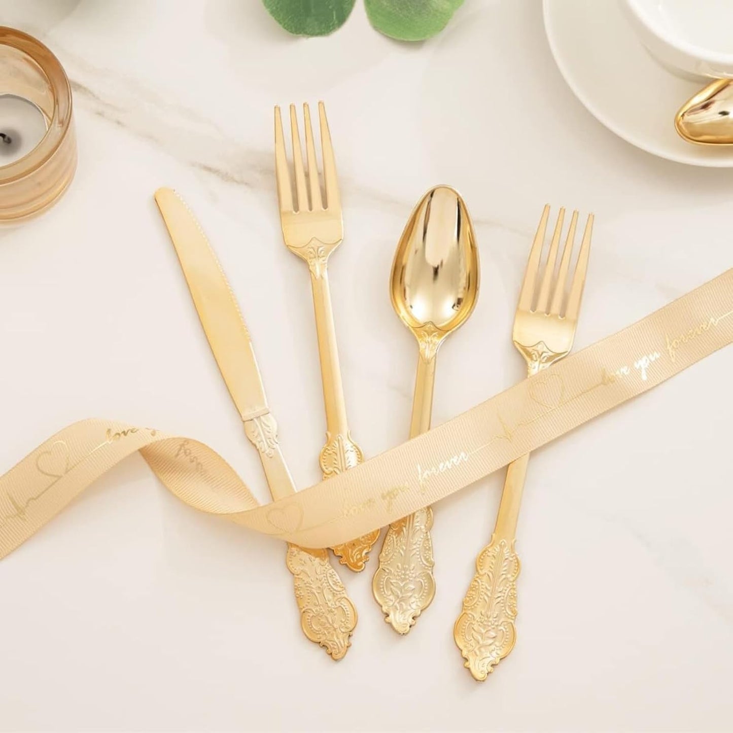 WDF 300 Pieces Gold Plastic Silverware Disposable - Heavy Duty Thanksgiving Plastic Cutlery - Gold Silverware Sets Includes 100 Forks, 100 Spoons, 100 Knives