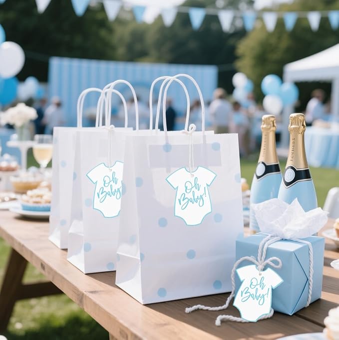 ASYEHJNR 100Pcs Gift Tags with String Oh Baby Sign Blue Baby Clothes Large Gift Tags with 65 Ft Jute Twine Cute Tags White Paper Gift Tag for It's a Boy Gender Reveal Baby Shower Party Gift Wrap Tag