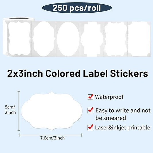 Yeachlaing White Labels - 250 PCS 3" x 2" Fancy Shape Stickers for Storage Box or Food Jars