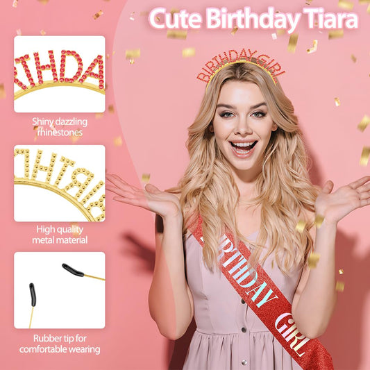Birthday Sash Birthday Crown for Women Birthday Girl Sash Birthday Girl Crown Glitter Red Birthday Sash Crown Rhinestone Headb Set Happy Birthday Girl Princess Tiara Sash Accessories Gifts