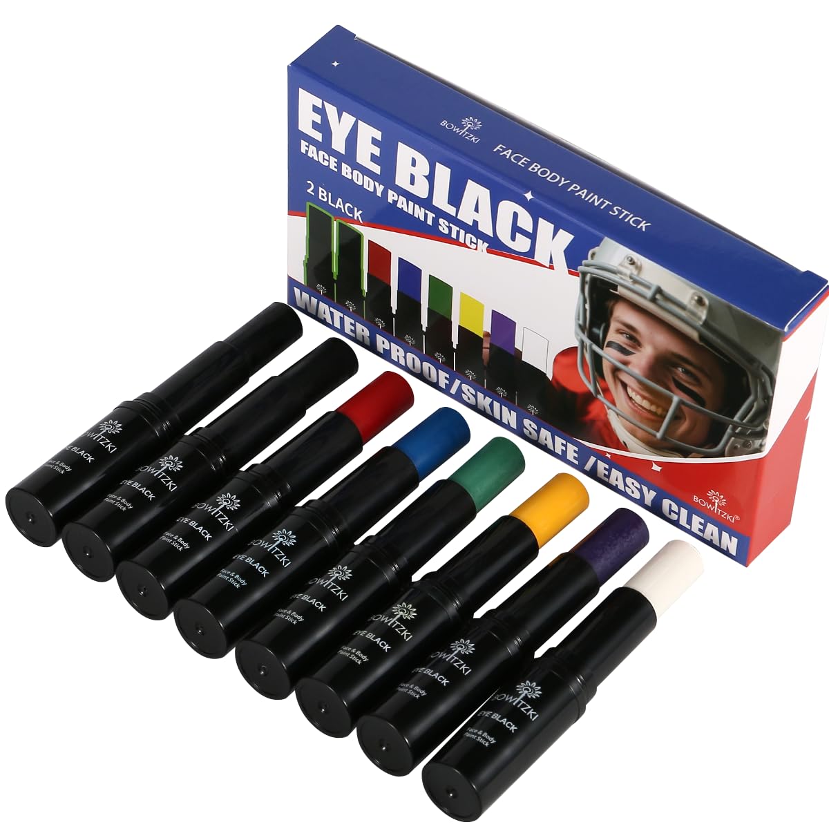 Bowitzki Face Paint Stick Eye Black 8 Colors Water Resistant Under Sports Body Markers Makeup Athletes Softball Stuff Lacrosse Baseball Football Game Accessories Gift Eyeblack Painting Kit