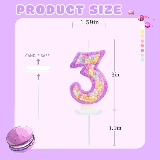 Birthday Candles - Number 3 Candle, Colorful Macaron Candles for Boys/Girls, Purple Party Decorations, Purple Cake Decorations