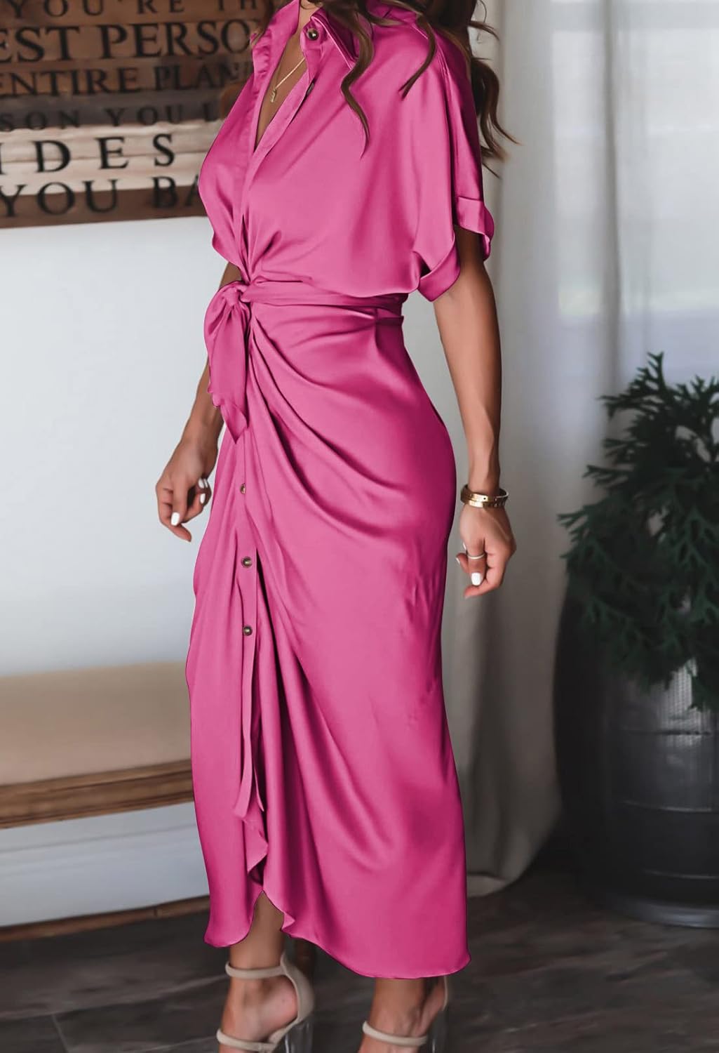 Women Elegant Satin Button Down Short Sleeve Maxi Shirt Dress with Belt