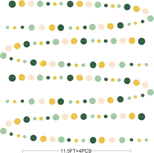 Sage Green Gold Beige Party Polka Dot Garlands Oilve Green Glitter Gold Hanging Paper Circle Dots Streamer for Baby Shower Birthday Wedding Engagement Retirement Boho Safari Party Decorations Supplies