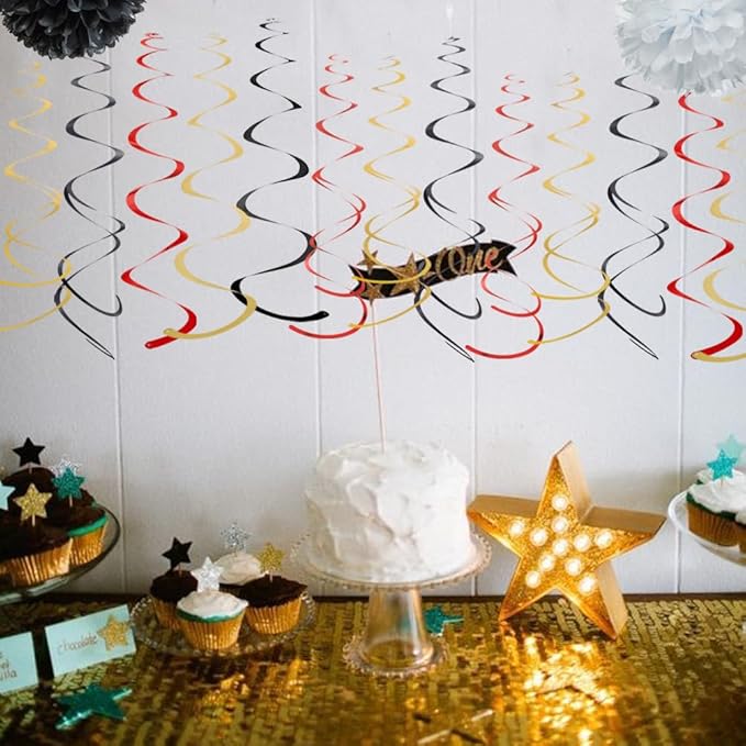 MOWO Gold Black and Red Foil Swirl Hanging Decoration Streamer for Birthday Graduation Retirement New Year Valentine's Day Theme Party, Pack of 21