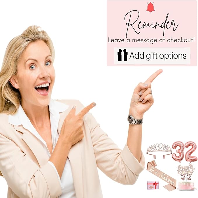 32 Birthday Decorations for Women, Including 32nd Birthday Sash and Tiara, Cake Topper and Candles, Number Balloons, 32 Year Old Gifts for Women
