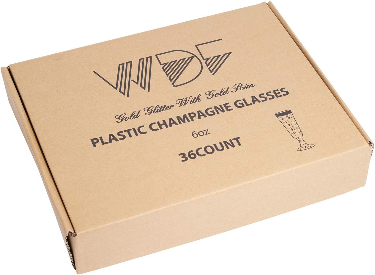 WDF Champagne Flutes, 36 Pack Gold Plastic - Glitter, Disposable Champagne Flutes for Party/Wedding/Thanksgiving, 6oz, BPA Free