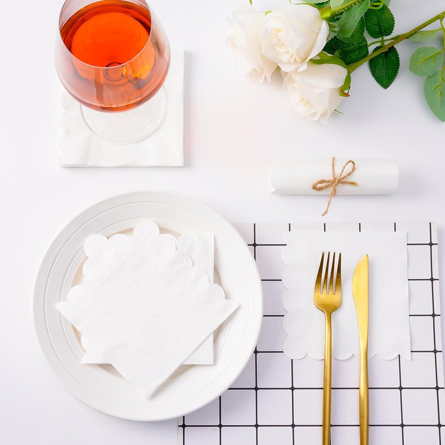 100 White Scalloped Cocktail Napkins, 3 Ply 5 x 5 Inch Beverage Napkins Paper Napkins Disposable Luncheon Napkins for Wedding Birthday Party Bridal Anniversary Baby Shower